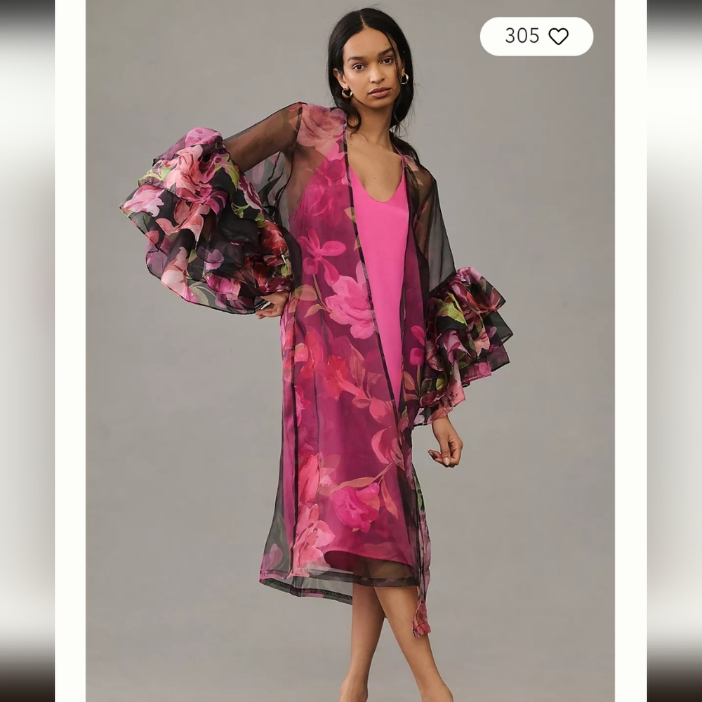 By Anthropologie sheer ruffle-sleeve kimono in black And Purple OSFA